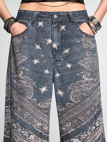 ROMWE Grunge Punk Women's Low Waist Oversized Distressed Paisley Print Full Pattern Hippie Denim Jeans - Blue - View 6