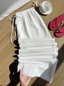 SHEIN EZwear Plus Size Solid Color Wavy Pattern Front Tie Casual Vacation Pants, Spring/Summer - White - View 1