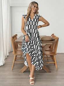 EMERY ROSE Women's Retro Patterned Extra Long Dress,White And Black Summer Casual Vacation Holiday Resort Wear Cruise Outfit Greece Sundress Fall Clothes - Black and White - View 6