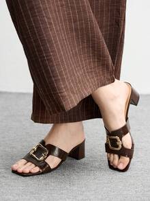 CUCCOO BIZCHIC Damen Sandalen mit Metallschnalle, einfarbig, klassischer Stil, geeignet für Büro und Pendeln, Sommer, quadratische Zehenkappe, Absatz dick - dunkelbraun - Übersicht 4
