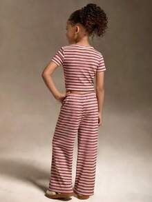 2pcs Girls' Spring/Summer Ribbed Short Sleeve T-Shirt And Wide Leg Pants Set, Casual Ribbed Outfit For Home, Leisure, Outdoor Sports - Pink - View 2