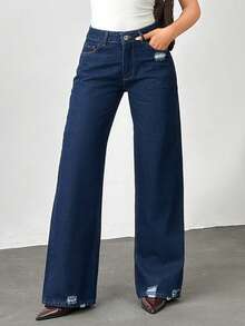 100% Cotton Low Waist Raw Wash Detailed Wideleg Jean - Dark Wash - View 1