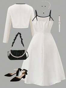 SHEIN Elegant Cardigan Jacket & Bowknot Decor Slip Dress 2 Pieces Set, Suitable For Teen Girl, Autumn/Winter - White - View 2