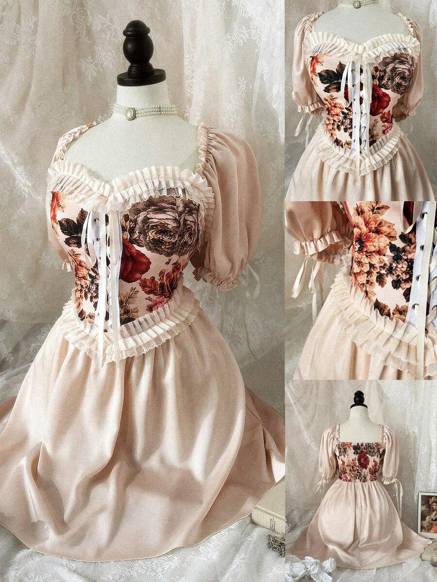 Sweetra CURVE Wedding Bridal Wedding Season Plus Size Elegant Vintage Floral Patchwork Mini Dress, Spring/Summer - Multicolor - View 1