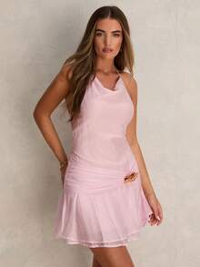 Enchnt Women's Baby Pink Summer Elegant Sexy Seductive Party Night Out Dress, Metal Flower Decor Halter Neck Pleated Mini Beach Dress,SweetElegant - Pink - View 6