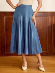 Vintamour Vintage Classic Elegant Women's Pleated A-Line Skirt, Navy Blue Pocketed Skirt, Spring/Summer - Navy Blue - View 7