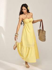 SHEIN PETITE Bohemian Style Long Strapless Dress, Sunflower Yellow Color, Spring/Summer,Butter Yellow Dress ,Petite Women - Yellow - View 3