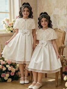 SHEIN Tween Girl Spring/Summer Elegant Rhinestone Embellished 3D Rose Embroidered Mesh Bolero Shrug With Waist-Cinched Pleated Full Skirt Princess Dress With Large Bow Decor, 2-Piece Apricot Dress Set For Wedding Season, Party, Gathering, Holiday, KIDS - Apricot - View 1
