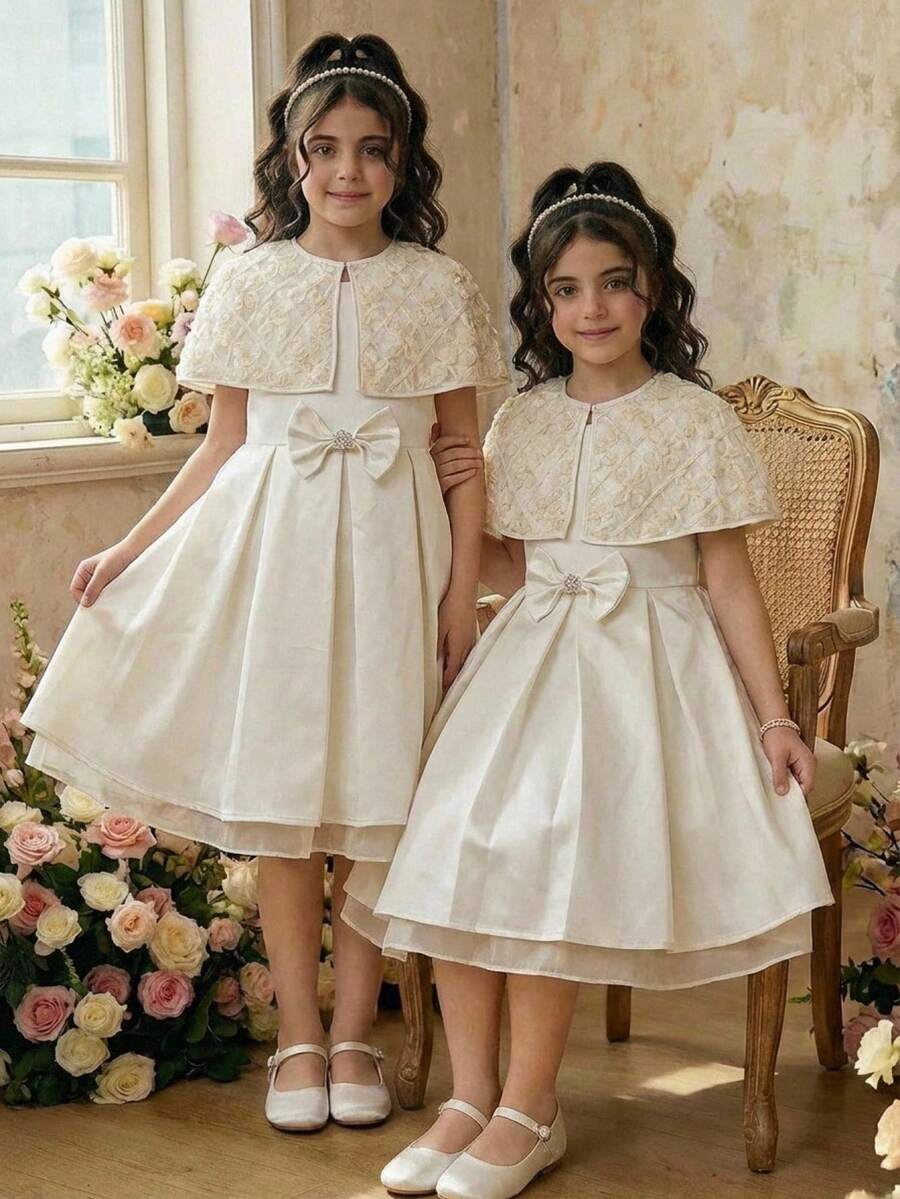 SHEIN Tween Girl Spring/Summer Elegant Rhinestone Embellished 3D Rose Embroidered Mesh Bolero Shrug With Waist-Cinched Pleated Full Skirt Princess Dress With Large Bow Decor, 2-Piece Apricot Dress Set For Wedding Season, Party, Gathering, Holiday, KIDS - Apricot - View 1