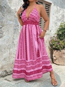 SHEIN VCAY Plus Size Pink Digital Print Fitted Waist Vacation Style Deep V-Neck Halter Backless Tie Dress - Hot Pink - View 6