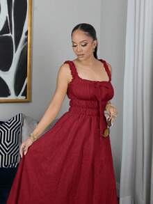 Melissa Matos 全新女式编织纹理花卉面料细肩带蝴蝶结设计腰部 A 字型时尚百搭优雅精致淑女连衣裙 - 酒紅色 - 查看 5