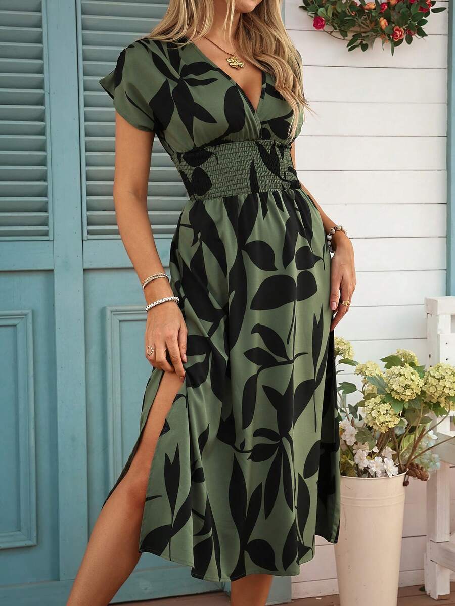 Louniche Đầm nữ dáng chữ A, tay bồng xếp ly, eo thắt, thích hợp cho kỳ nghỉ hè, họa tiết hoa, kiểu dáng thường ngày. - màu xanh lá - Xem 1