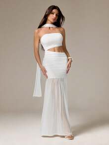 SHEIN Tall Solid Color Knit Cutout Design Fitted Slit Dress For Women - White - View 4