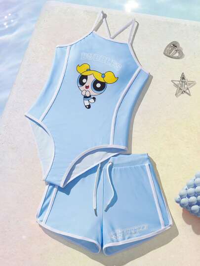 THE POWERPUFF GIRLS X SHEIN Tween Girl Cartoon Print One-Piece Swimsuit With Shorts, Beach/Resort