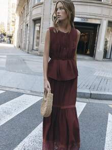 Nöista Wo Pieces Set With A Buttoned Top And Waist Tie.The Long Skirt Includes Lace Trim.Spring, Summer, Formal Event, Every Day Look Coordinated. - Burgundy - View 4
