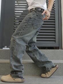 Manfinity EMRG 男士做旧拼接宽松阔腿牛仔裤 - 中等水洗藍 - 查看 5