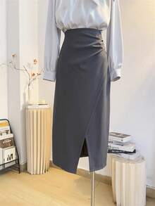 Franclia Women's Elegant Commuter High-End Gray Side Slit High Waist A-Line Spring/Summer Fitted Pencil Skirt - Grey - View 1