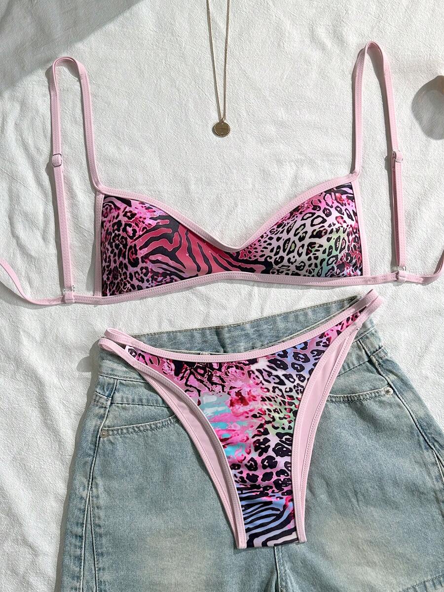 Swim Vcay Random Print Wireless Adjustable Strap Top And Swim Shorts Women Summer Beach Holiday Bikini Set - Pink - View 1