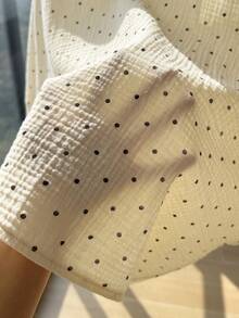 Comfortcana 2pcs/Set Women's Polka Dot 100 Percent Cotton Shirt And Shorts Outfit,Plus Size Beige Summer Smart Casual Everyday Holiday Comfortable Clothes - Multicolor - View 7