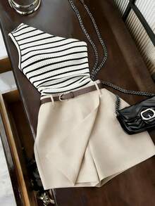 GlowEve 新款春夏法式休闲度假时尚条纹套装，设计感十足的单肩褶皱修身无袖上衣 + 杏色双层直筒阔腿裙裤，百搭女士两件套 - 彩色 - 查看 6
