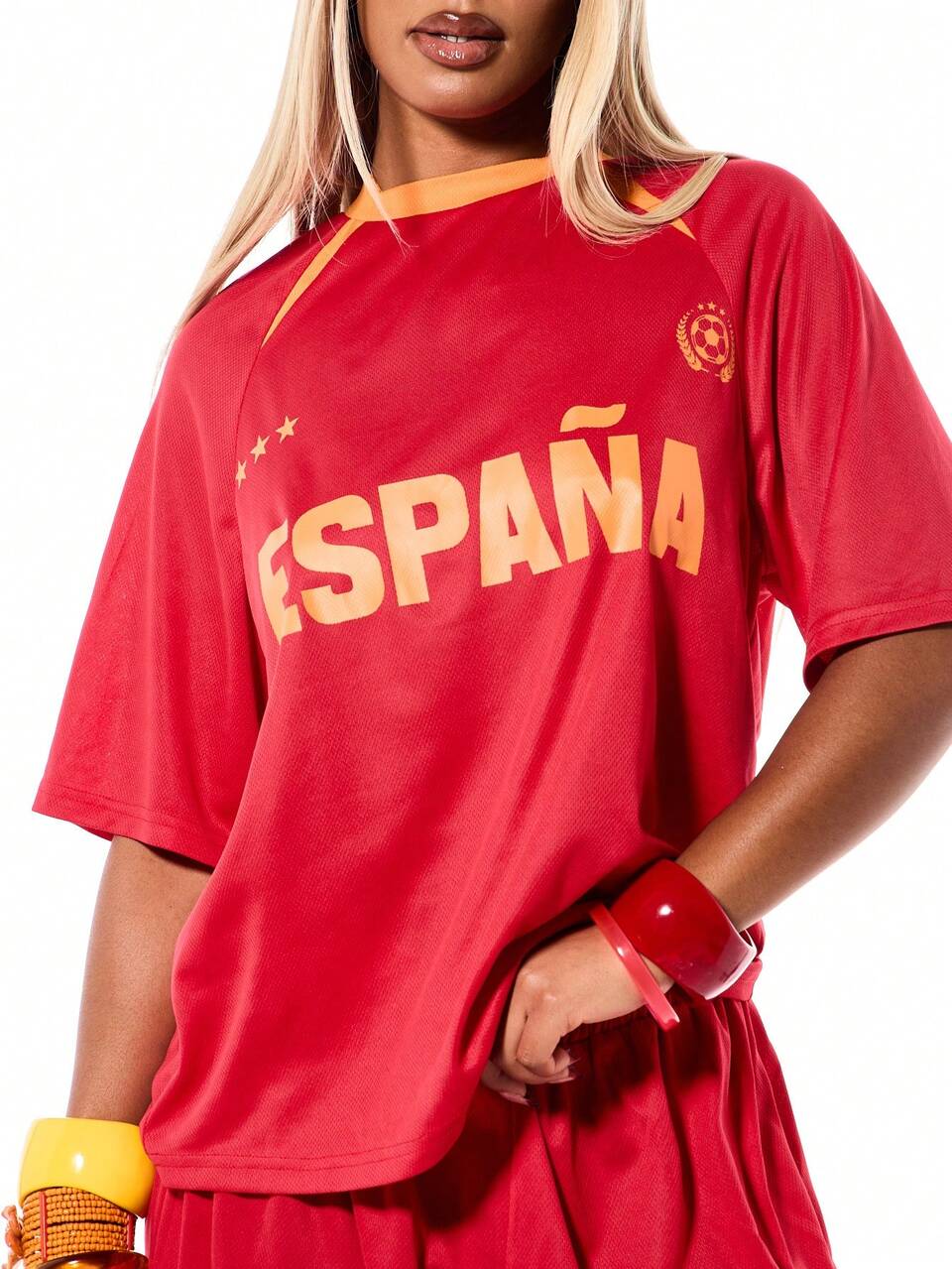 SUMWON WOMEN Oversized Red Spain Football Jersey Top With Raglan Sleeves And Number 26 Print, World Cup 2026 Sporty Game Streetwear Jersey