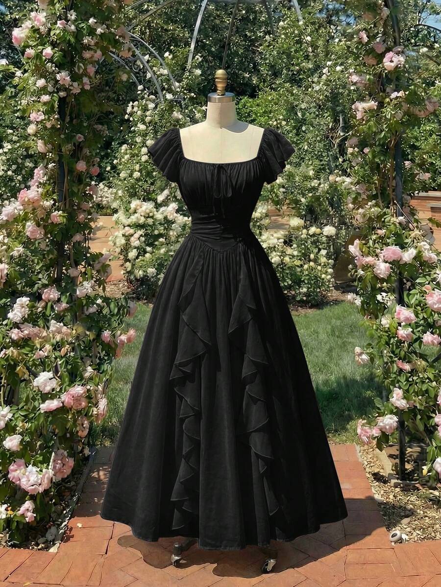 SHEIN MOD 杏色荷叶边灯笼袖女士长款连衣裙，秋季女装 - 黑色 - 查看 1