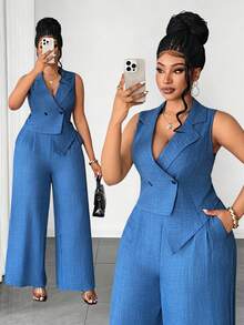 Maweii 大码女士优雅仿牛仔纹理编织面料西装套装，领口不对称下摆，双排扣设计，松紧腰带，侧拉链口袋长裤两件套，适合派对、音乐节、休闲、约会、情人节、度假、通勤等场合。 - 霧霾藍 - 查看 1