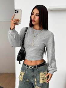SHEIN PETITE Áo nỉ dài tay cổ lệch bất đối xứng xếp ly, màu trơn, dành cho mùa Thu/Hè và mùa Hè trở lại trường của Omen;S. - Xám - Xem 11
