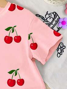 SHEIN 1 Set Toddler Girls' Sweet Cute Cherry Fruit Pattern Vacation Style Printed Short Sleeve Round Neck T-Shirt And Shorts Suitable For Spring To Summer - Multicolor - View 5