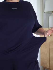 Pretty and Ole 2pcs Navy Blue Casual Plus Size Set, Spring/SummerSummer Outfits For Women,Two Piece Set Women - Navy Blue - View 3