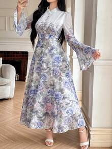 DAZY Đầm midi xếp ly eo, in hoa, thanh lịch dành cho nữ, thích hợp cho các buổi tiệc và kỳ nghỉ hè. - Màu tím - Xem 7