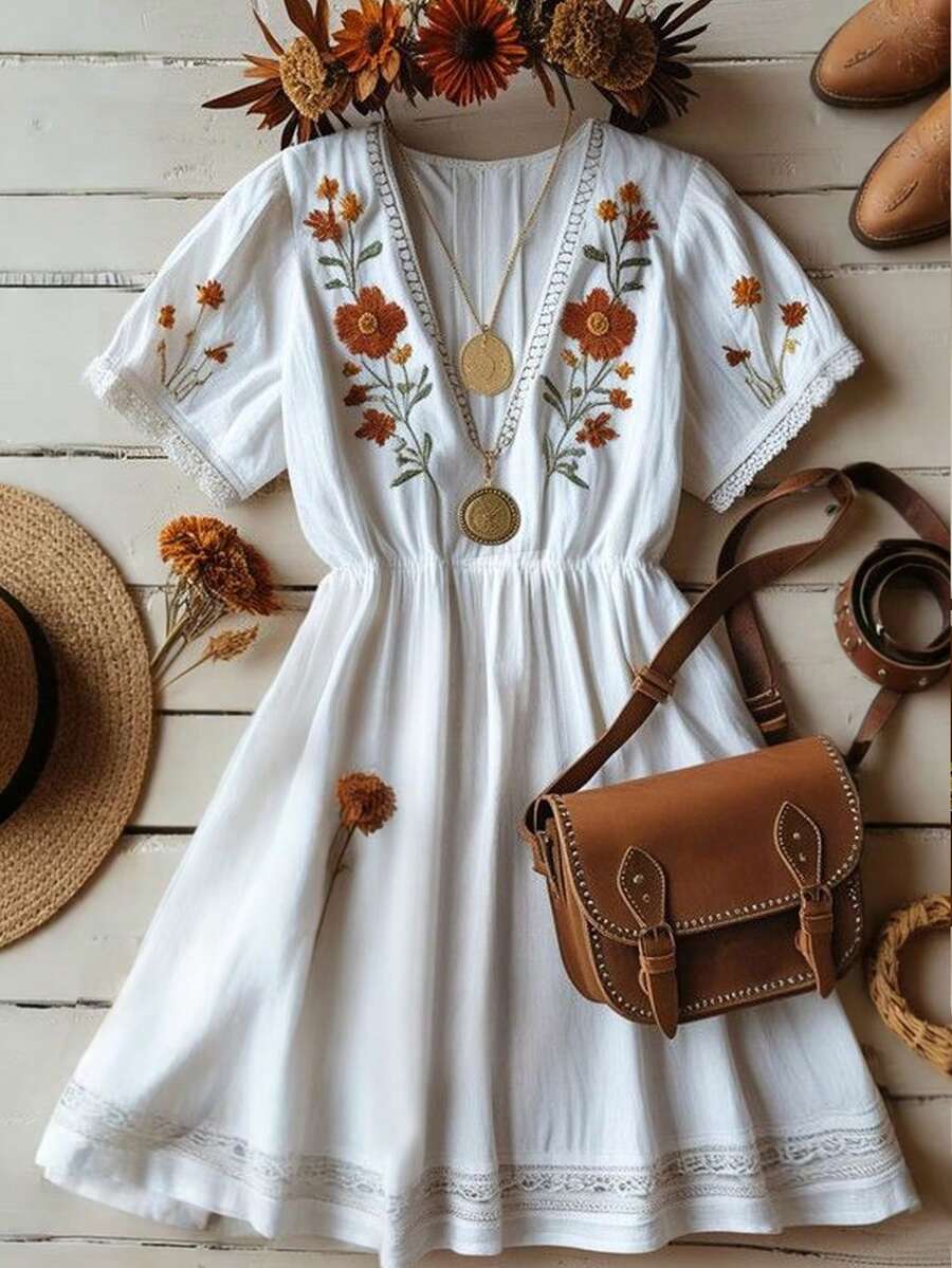 EMERY ROSE Vestido de vacaciones con estampado floral, cuello en V y manga corta para mujer - Multicolor - Ver 1