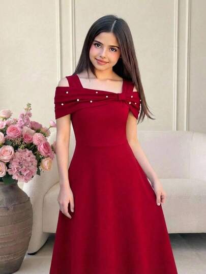 Teen GirlBeaded Bow Decor A-Line Waist Cinched Long Fitted Dress, Burgundy Elegant  Wedding Outfits