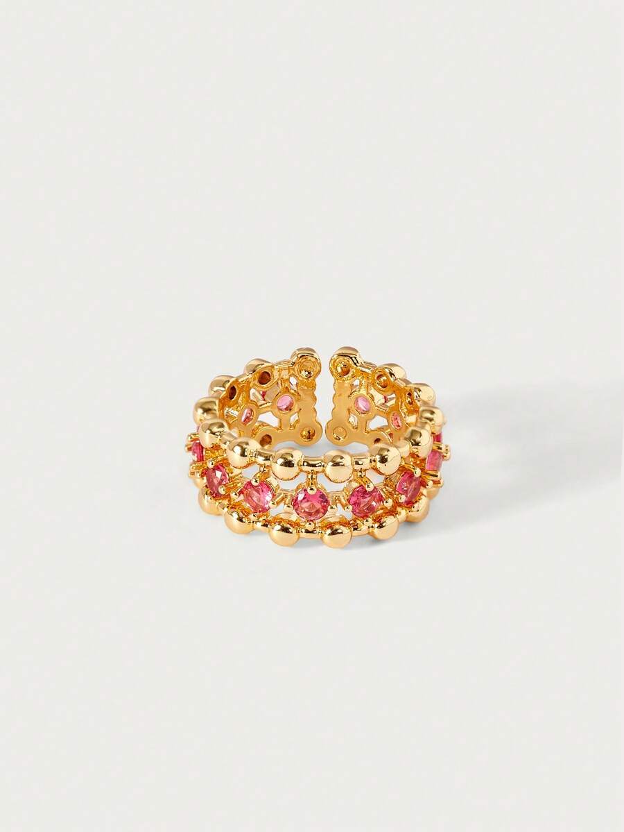 Glisma 18K Gold Plated Geometric Hollow Rose Red Zirconia Elegant Ringoutfits,Old Money,Metallic/Texture,Gemstone,For Mom/Women/Girl/Mother,Premium,Vintage,Classy,Gold,Easter,Travel/Beach/Vocation,Boho,Grunge - Hot Pink - View 1