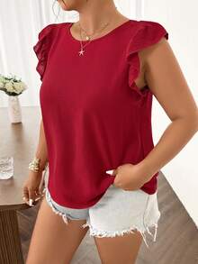 SHEIN Frenchy Plus Size Women's Solid Color Round Neck Tie Back Casual Versatile Daily Wear Short Sleeve Blouse - Red - View 3