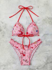Swim Mod Bộ bikini hai mảnh in họa tiết ngẫu nhiên gợi cảm dành cho nữ, kiểu dây buộc nơ, thích hợp cho kỳ nghỉ biển. - Nhiều màu - Xem 6