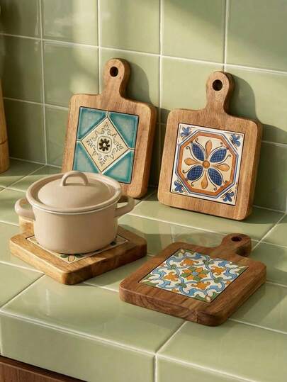 Cirelle 1PC Vintage Solid Wood Heat-Resistant Coaster / Placemat / Tray / Hot Pad, Retro Pattern, Natural Colors, Suitable For Home Kitchen Dining Table, Housewarming Gifts, Wedding Parties