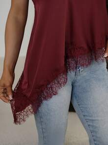 SAYEHFBABY Red Elegant Lace Trim Camisole Top For Women, Asymmetric Hem Party Going Out Top - Burgundy - View 3
