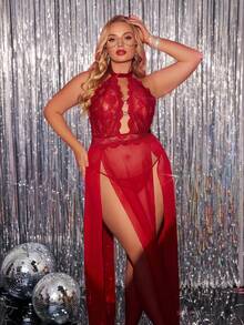 Set de 2 piezas Lencería de encaje y malla contraste para Día de San Valentín, talla grande: Vestido + Tanga - Burdeos - Ver 6