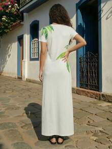 CAJUNI Vestido casual de punto de manga corta con cuello redondo, estampado de loro tropical y árbol de coco, para vacaciones de verano de mujer - Crema - Ver 2