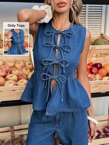 Selianne 女士牛仔无袖系带露脐上衣 - 藍色 - 查看 1