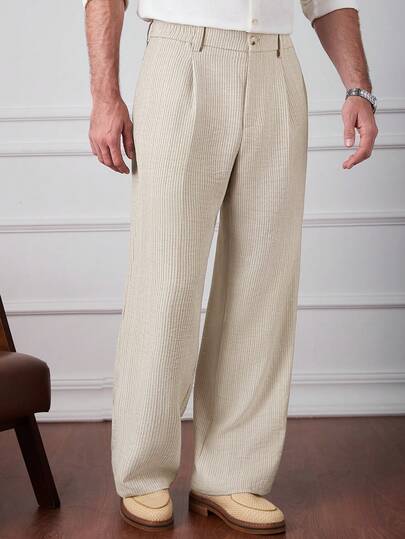Core Aspect Men's Beige Vertical Stripe Wide Leg Pants - High Waist Pleated Casual Trousers, Linen Blend Fabric For Vacation & Streetwear/Men's Solid Color Pleated Casual Loose Pants, Versatile For Daily Wear/ Men's Cotton Linen Solid Color Drawstring Waist Pockets Straight Leg Casual Pants Men Drawstring Pants Mens Pleated Trouser Linen Pants For Men Men Wide Leg Pant