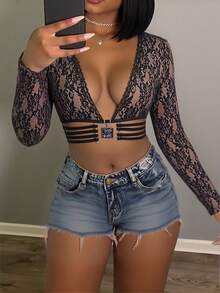 Glyssa Nuova camicetta da donna sexy in pizzo a maniche lunghe, aderente e trasparente, adatta per feste, discoteche, spiaggia, feste in piscina nella primavera iniziale, primavera ed estate - nero - Visualizzare 3