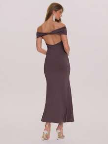 MUSERA Vestido largo elegante de primavera y verano con hombros descubiertos, escote con lazo, ajustado y con cola de pez, para boda, invitado, vacaciones, ocasiones especiales y luna de miel - Púrpura malva - Ver 4