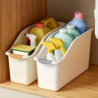2PCS Strong Plastic Curved Design Space Saving With Lids No Assembly Required White Storage Bins For Kitchen Cabinet Under Sink Bathroom Home Organization Multipurpose