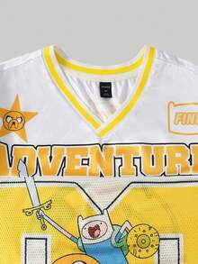 ROMWE MEN Adventure Time X ROMWE 男士豹纹网眼拼接运动短袖T恤，运动球衣 - 鵝黃色 - 查看 4