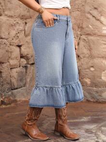 SHEIN Unity Plus Size Women Y2K Style Denim Capri Pants, Korean Casual Street Cowboy Water-Washed Ruffled Hem Straight Leg Wide Leg Jeans - Light Wash - View 6