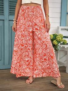 SHEIN LUNE Women's Casual Retro Print High Waist Wide Leg Pants, Suitable For Spring/Summer Vacation - Red - View 1