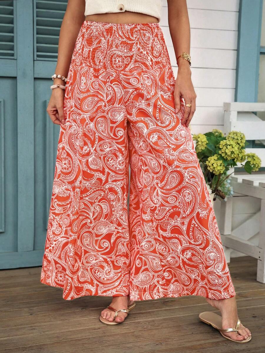 SHEIN LUNE Women's Casual Retro Print High Waist Wide Leg Pants, Suitable For Spring/Summer Vacation - Red - View 1
