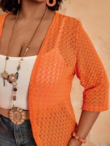 BrightlyHer Plus Size Women Solid Color Hollow Out 3/4 Sleeve Open Front Casual Jacket,Summer Dresses For Women ,Beach Outfits For Women,Holiday Outfits For Women,Country Outfits For Women,Women's Spring Jacket Plus Size Summer Cardigan Plus Size Spring Outfits Women Casual Outfits New Arrivals For Plus Size Woman Plus Size Outfits For Women Women's Plus Size Clothes - Coral Orange - View 5